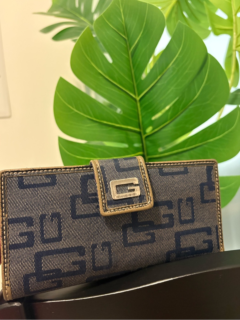 Vintage GUESS Denim Logo Long Wallet Brown Monogram Y2K Snap Closure